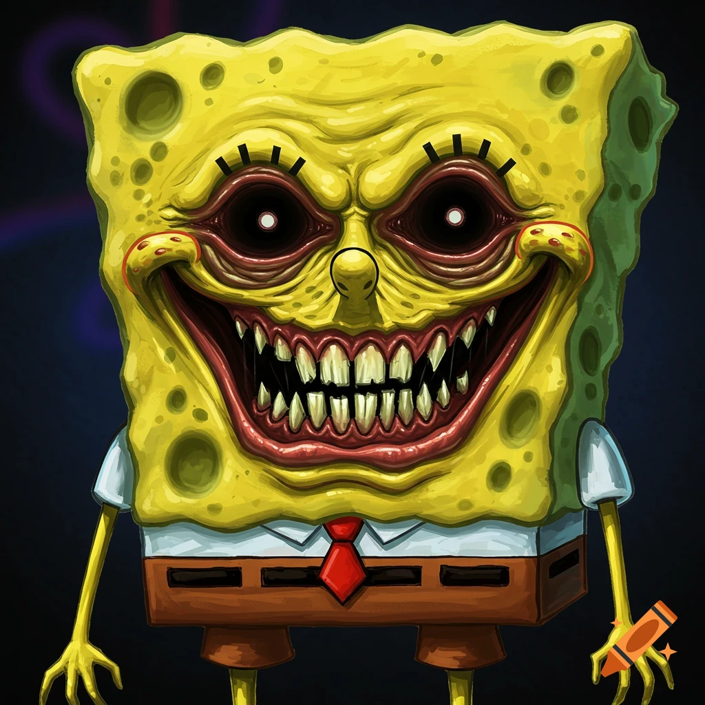 Grotesque and scary Spongebob Squarepants with sharp teeth and creepy eyes.