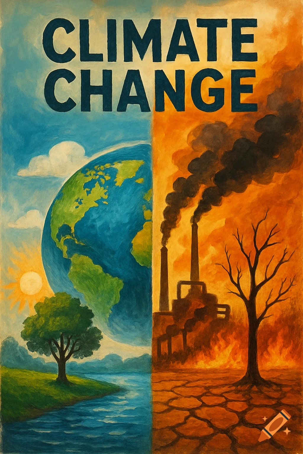 Poster illustration split in half: one side shows a green, healthy environment; the other shows a polluted, dry landscape with factories. Text reads 'CLIMATE CHANGE'.