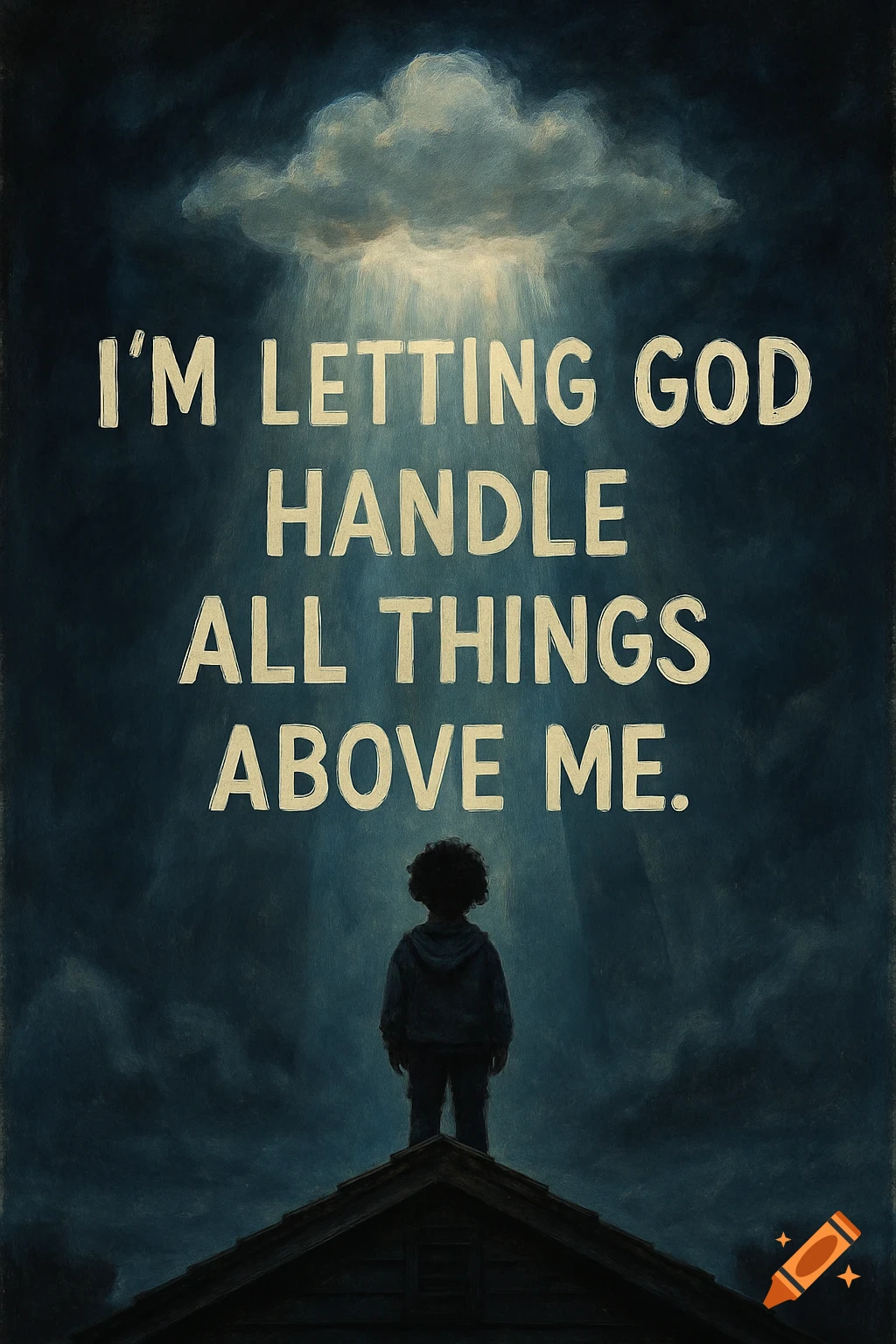 Child on a roof looking at a cloud with light beams and text.