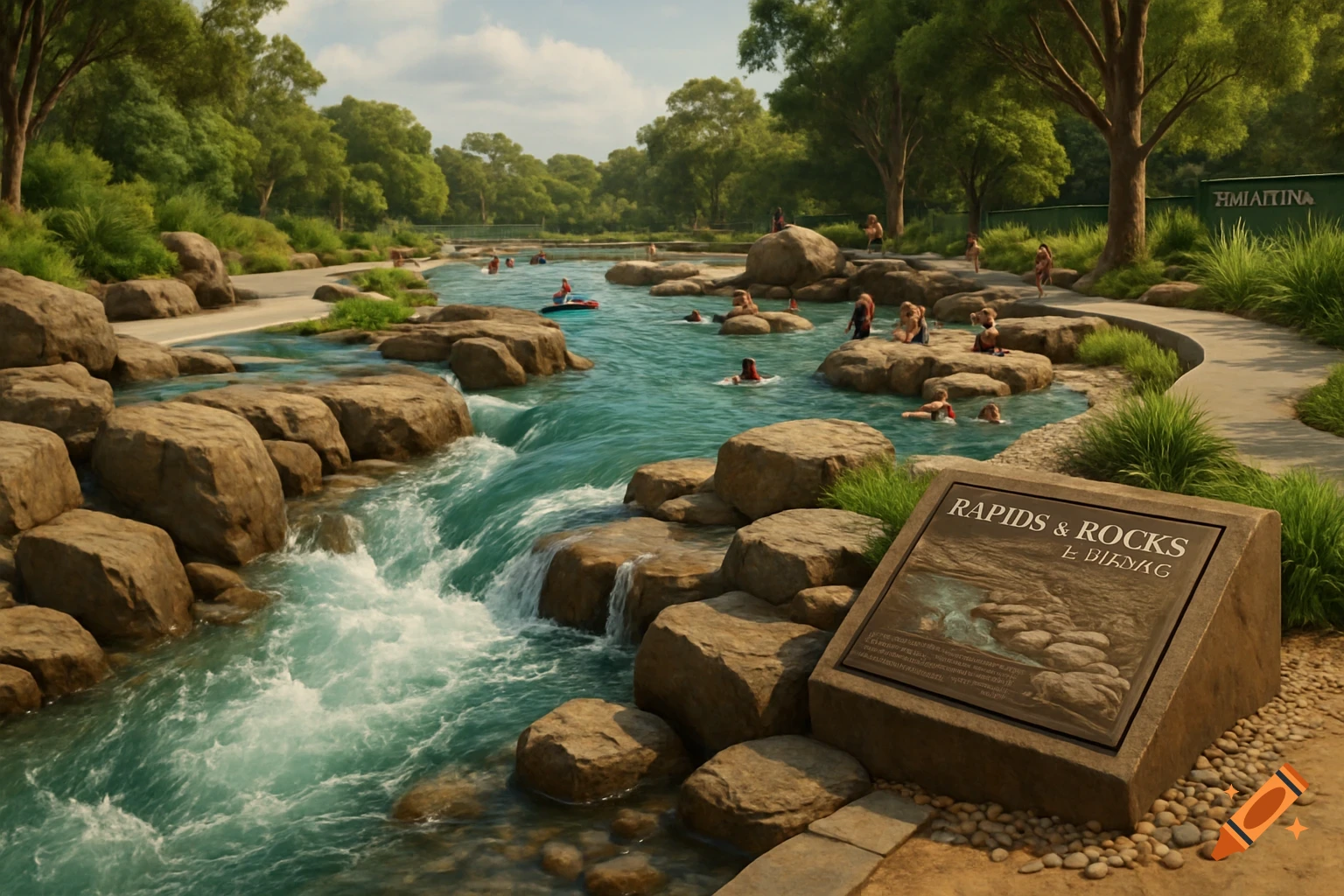 A park scene with a river or pool featuring rapids, rocks, and people swimming.