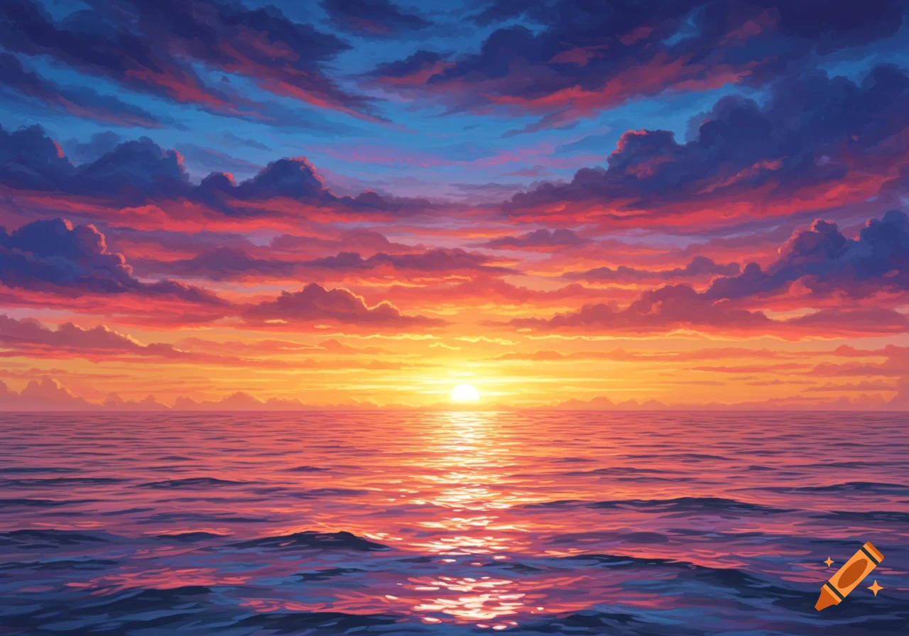 A vibrant sunset over the ocean with dramatic clouds on Craiyon