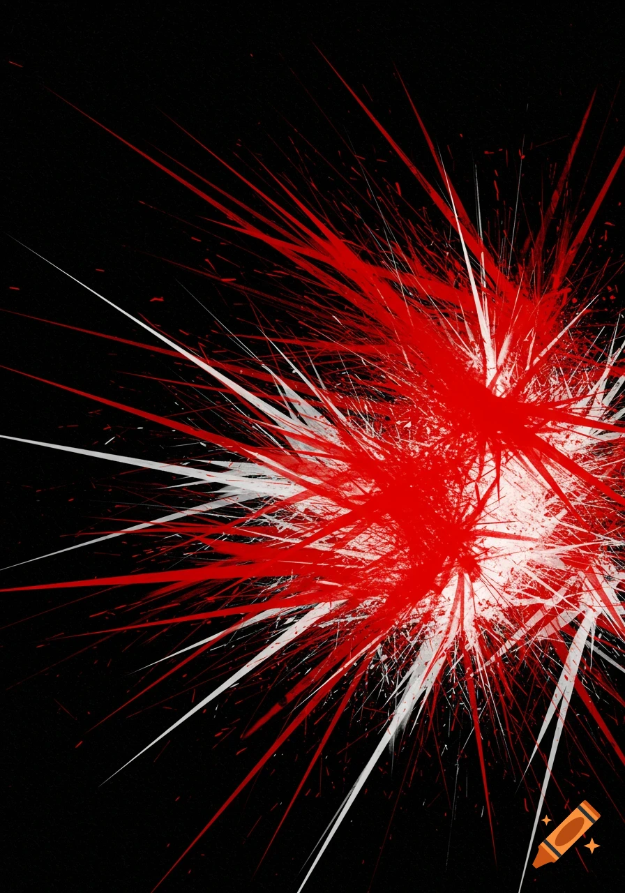 Abstract red and white shapes splash outwards on a black background.