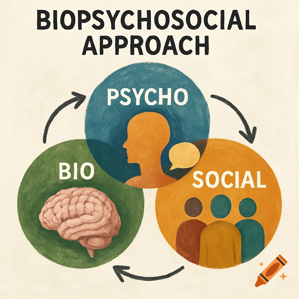 Diagram illustrating the biopsychosocial approach with interconnected circles labeled Bio, Psycho, and Social, shown with a brain, a head silhouette, and people.