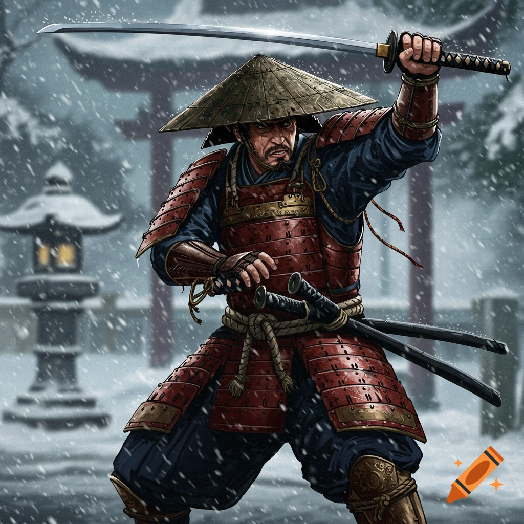 A samurai in armor and a conical hat raises a katana in the snow.
