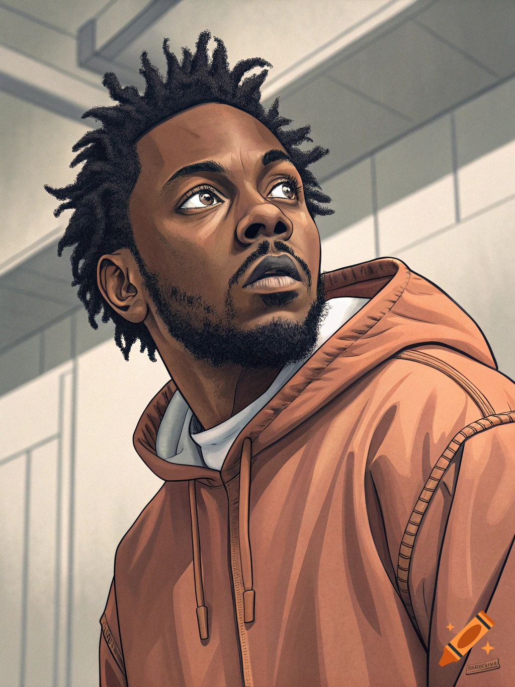 Illustration of Kendrick Lamar in an orange hoodie looking up, anime style.