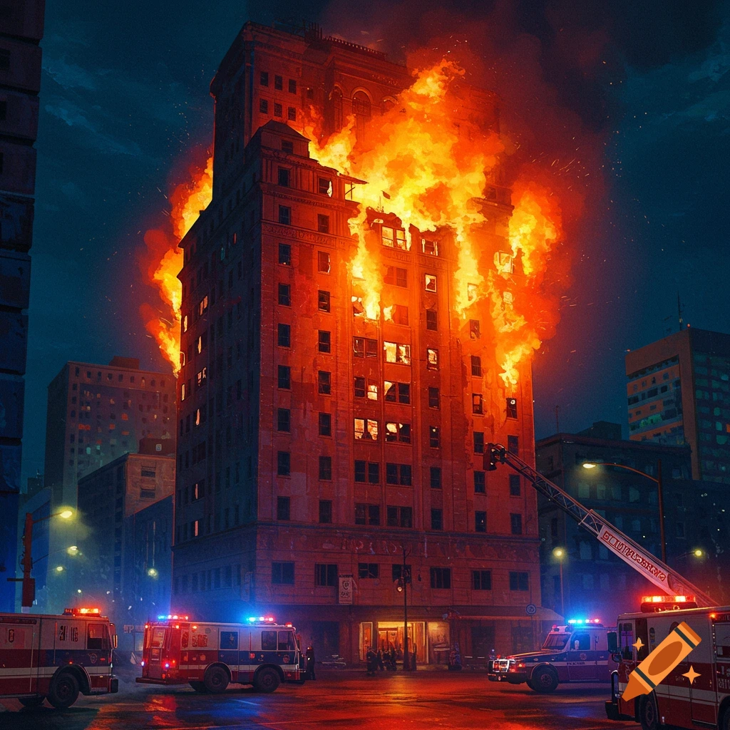 Large building on fire at night in a city with fire trucks and police lights reflecting.
