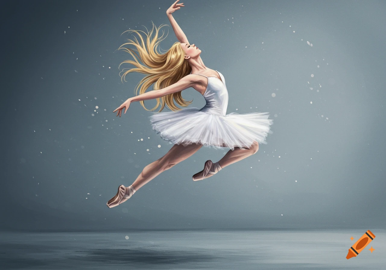 Blonde ballerina leaps in white tutu against a grey background, digital illustration.