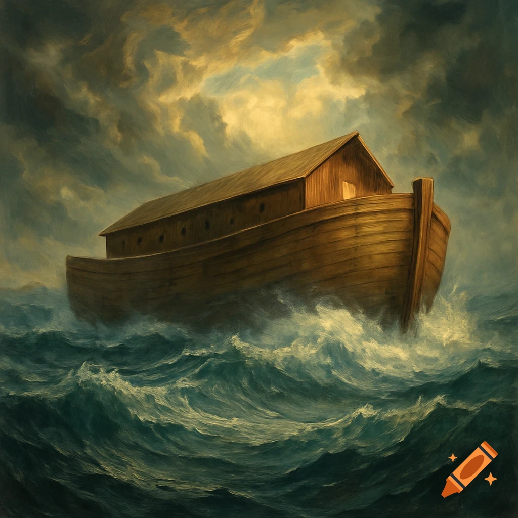 A painting of Noah's Ark sailing on a stormy sea under dark clouds.