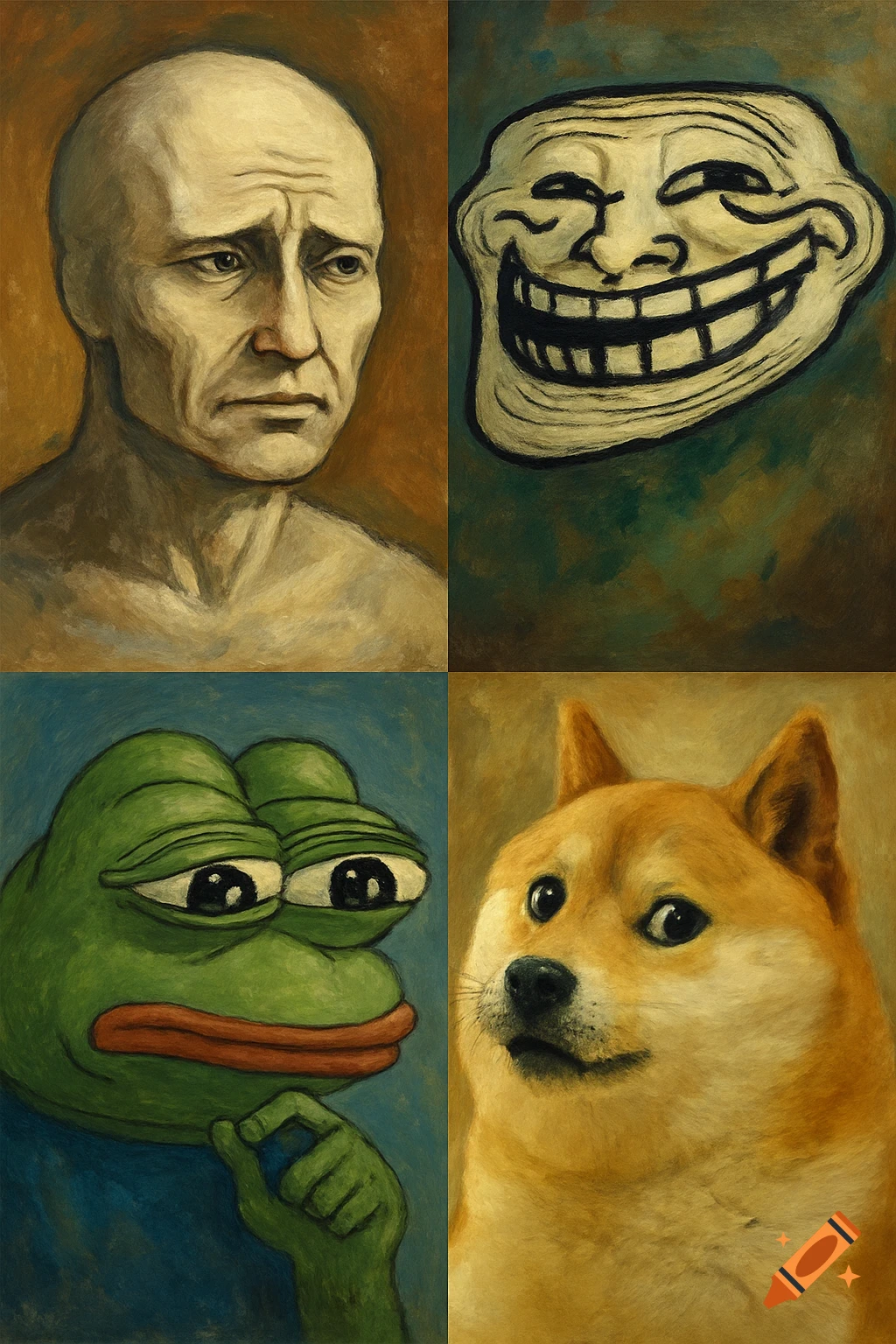 Painting of four memes in a grid: Sad Keanu, Trollface, Pepe, Doge