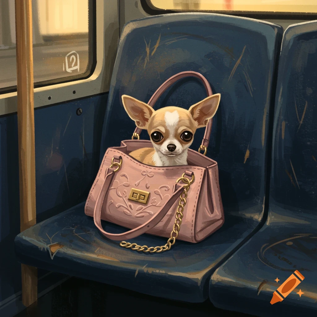 Chihuahua in a pink handbag on a bus seat.