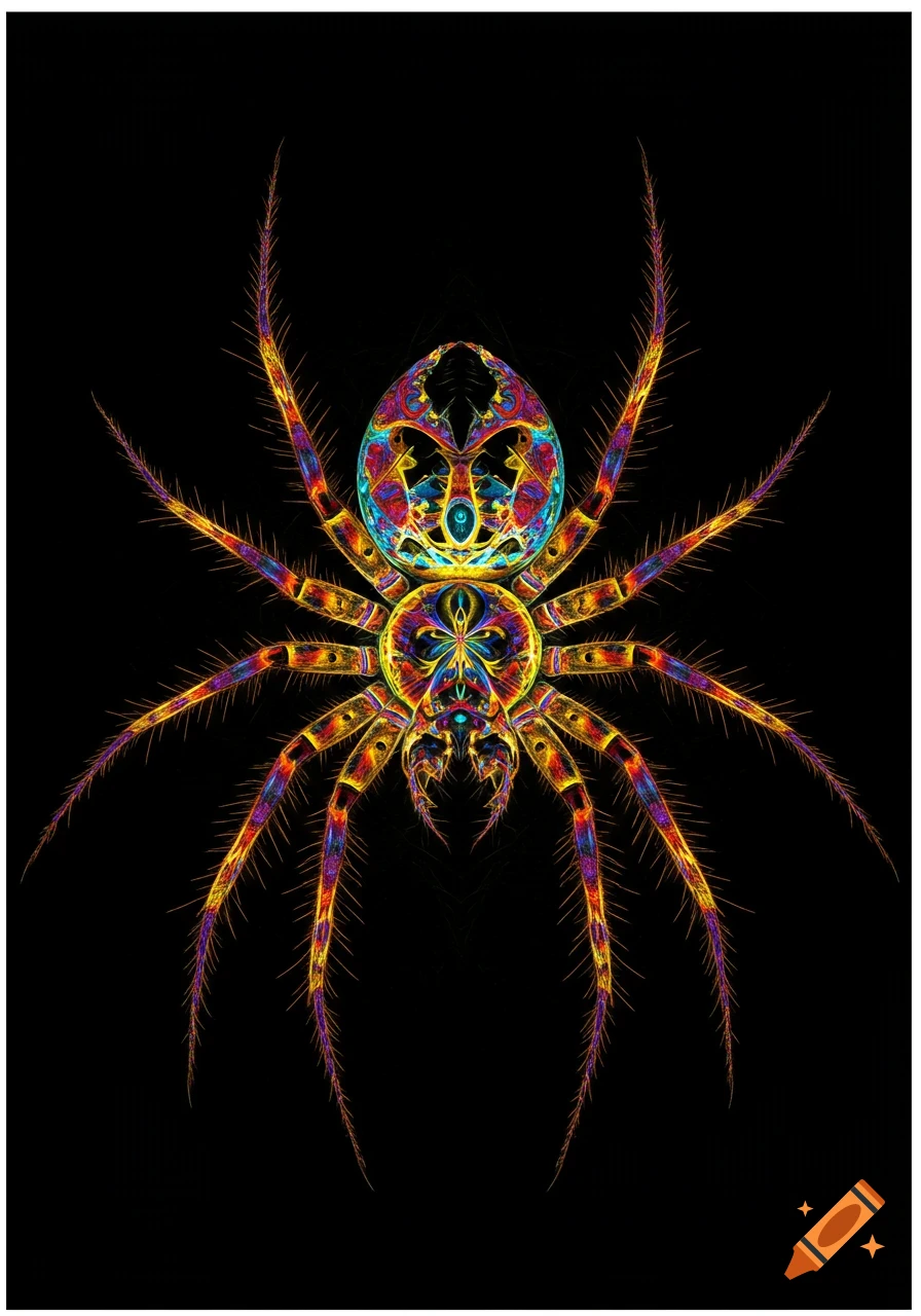 A colorful fractal spider with elaborate patterns on a black background.