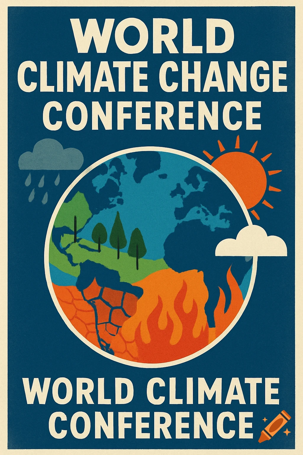 Poster for a climate change conference, showing a globe with rain, sun, trees, drought, and fire.