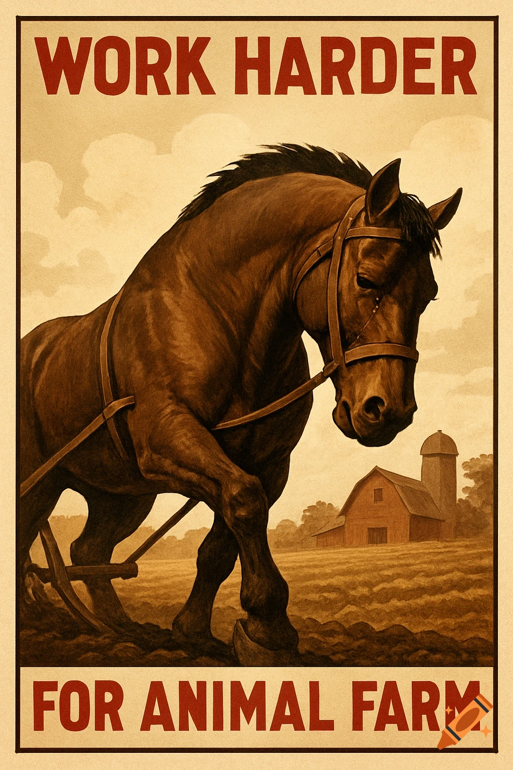 A propaganda-style poster shows a muscular horse pulling a plow in a field near a barn, with text that reads "WORK HARDER FOR ANIMAL FARM".