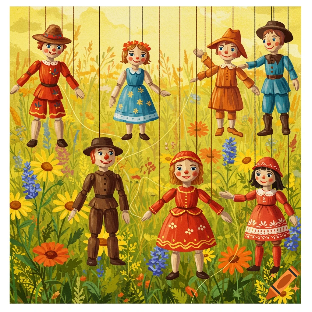 Illustration of wooden string puppets in a field of tall flowers.