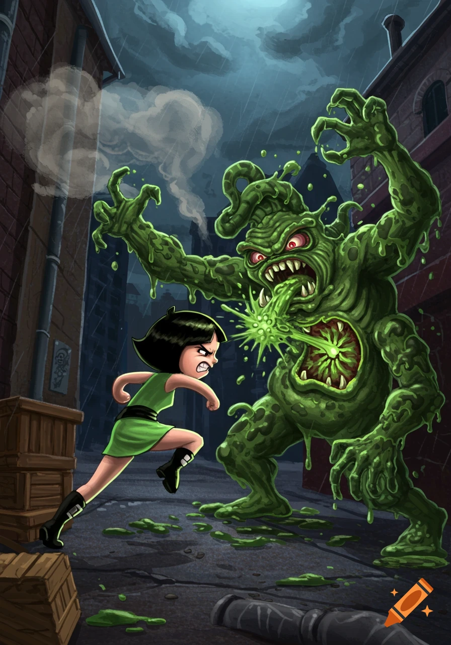 Buttercup fights a green sewage monster in a rainy alley.