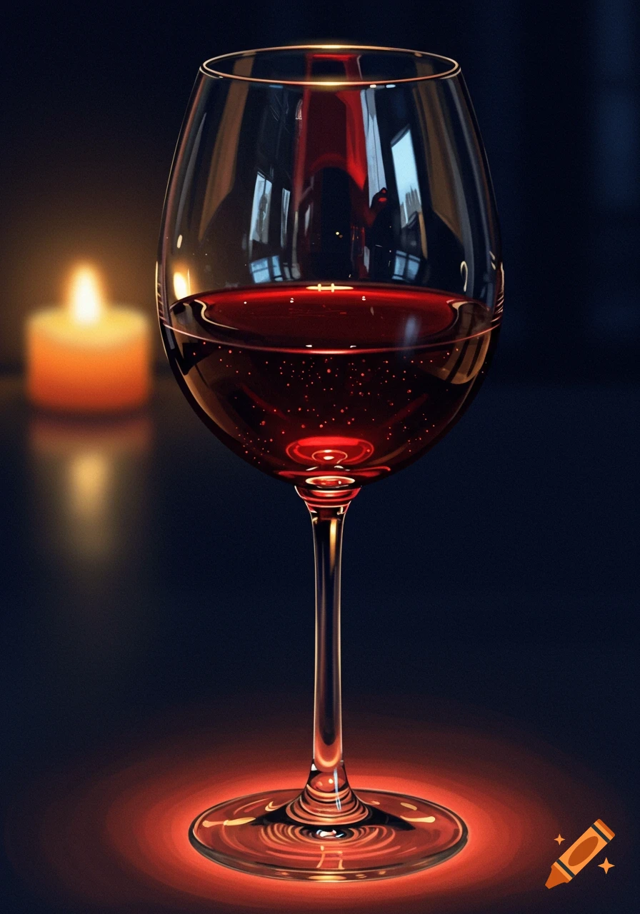 Photorealistic close-up of a glass of red wine with a candle in the background.