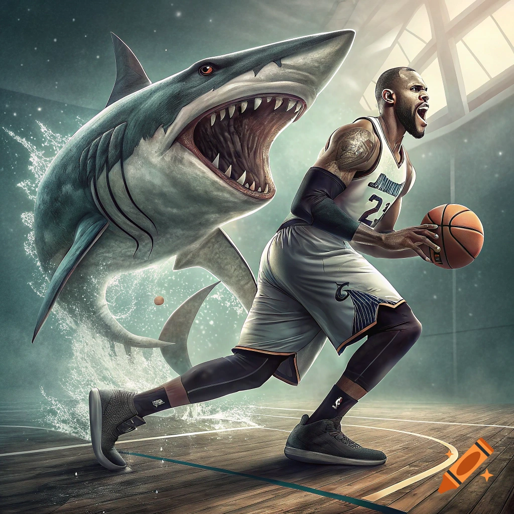 A basketball player dribbles a ball while a large shark emerges behind him on a wet court.