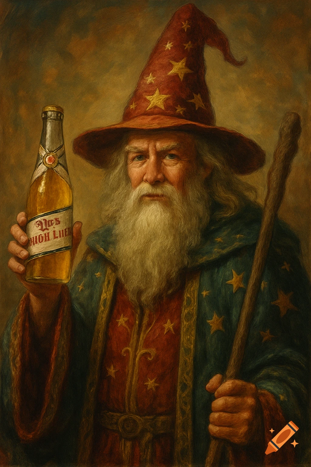 An old wizard with a beard holds a bottle and staff in an oil painting style.
