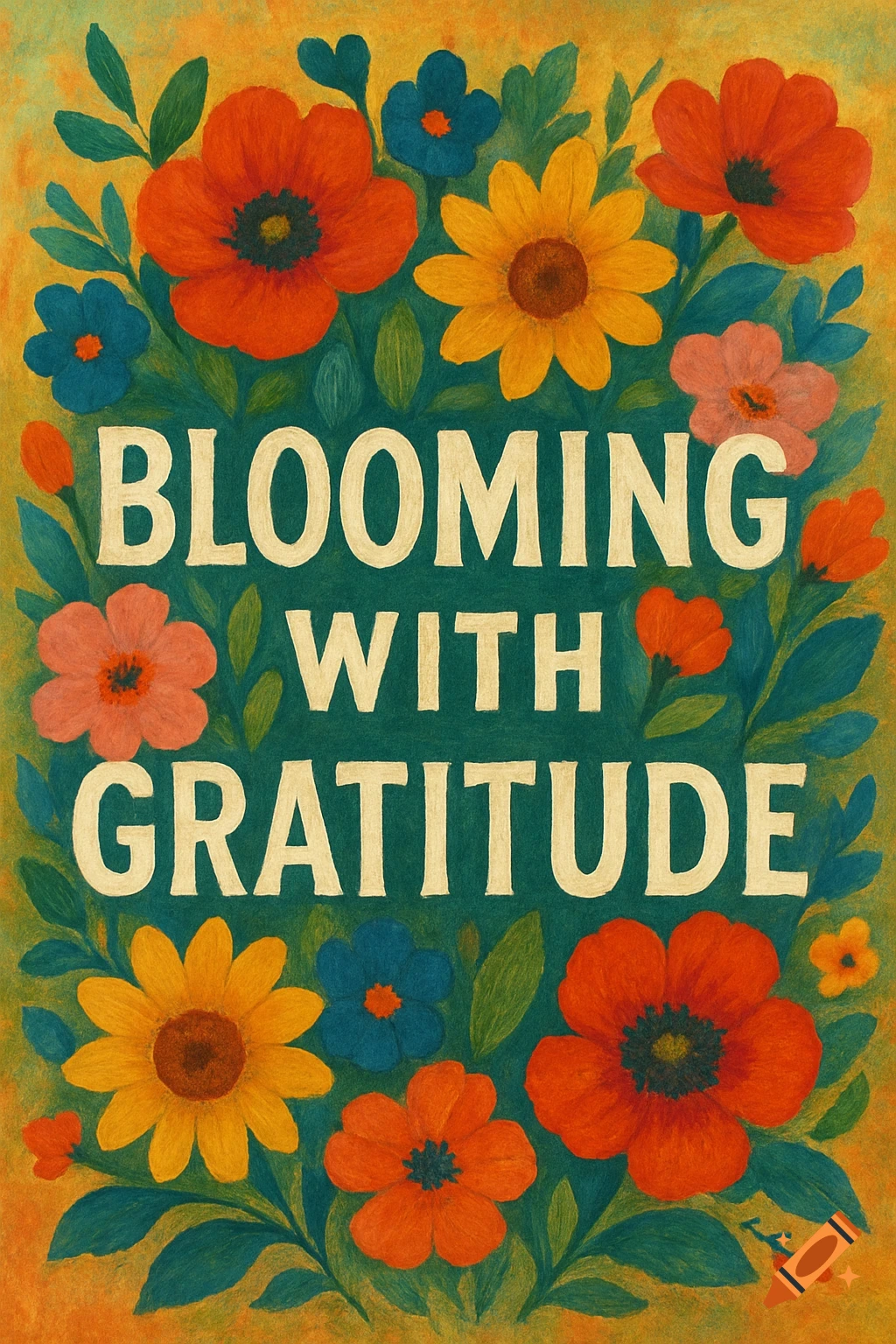 Floral illustration with text "Blooming with Gratitude".