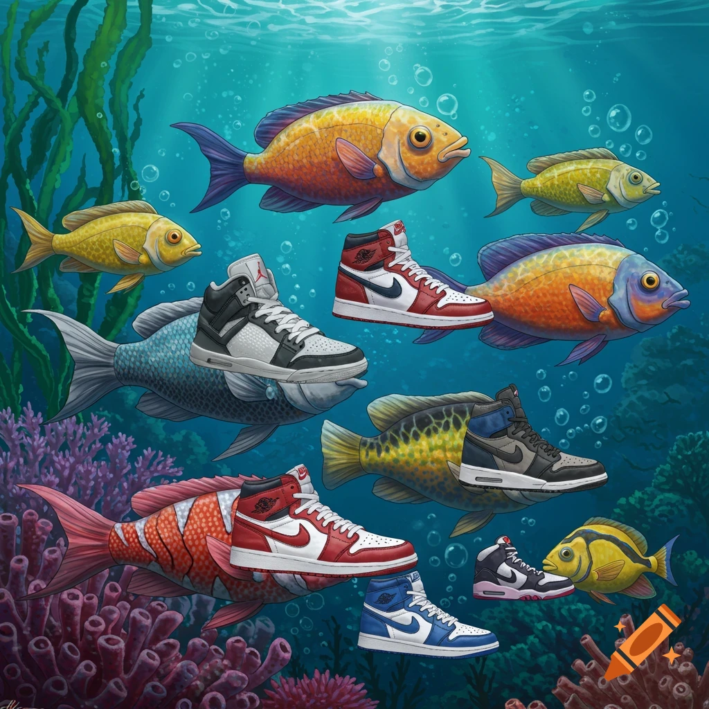 Underwater scene with various fish wearing Air Jordan sneakers among coral and seaweed.