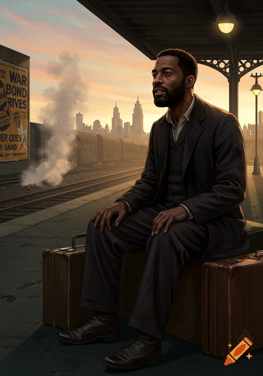 A Black man sits on suitcases at a train station platform at sunrise or sunset, looking towards a city skyline.