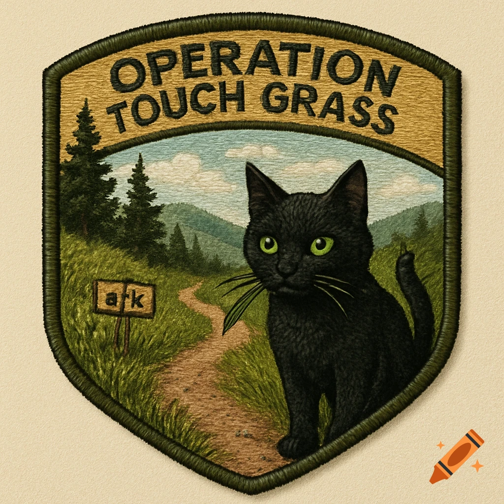 Patch featuring a black cat holding grass on a hiking trail in a forest landscape. Text reads 'OPERATION TOUCH GRASS'.