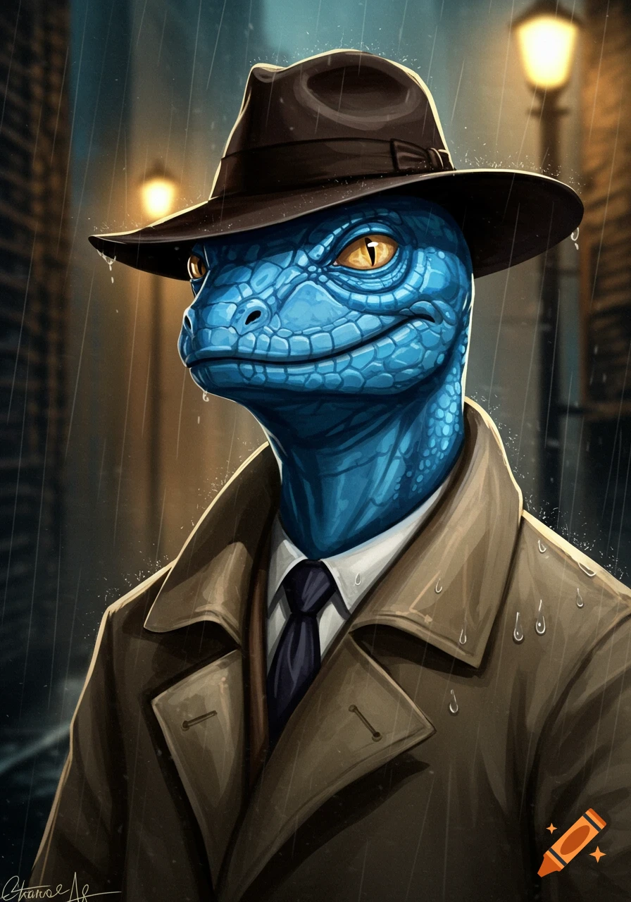 A blue lizard wearing a fedora and trench coat stands in the rain at night.