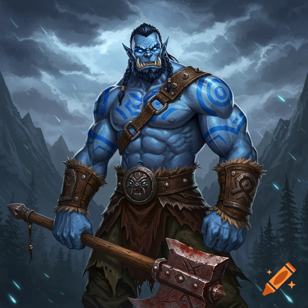 A muscular blue orc barbarian with tribal markings holds a bloody battle axe against a stormy mountain background, fantasy art style.