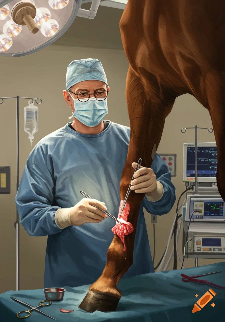 Illustration of a surgeon operating on a horse's leg in an operating room.