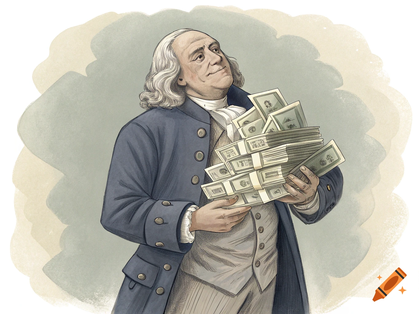 Illustration of Benjamin Franklin holding stacks of money