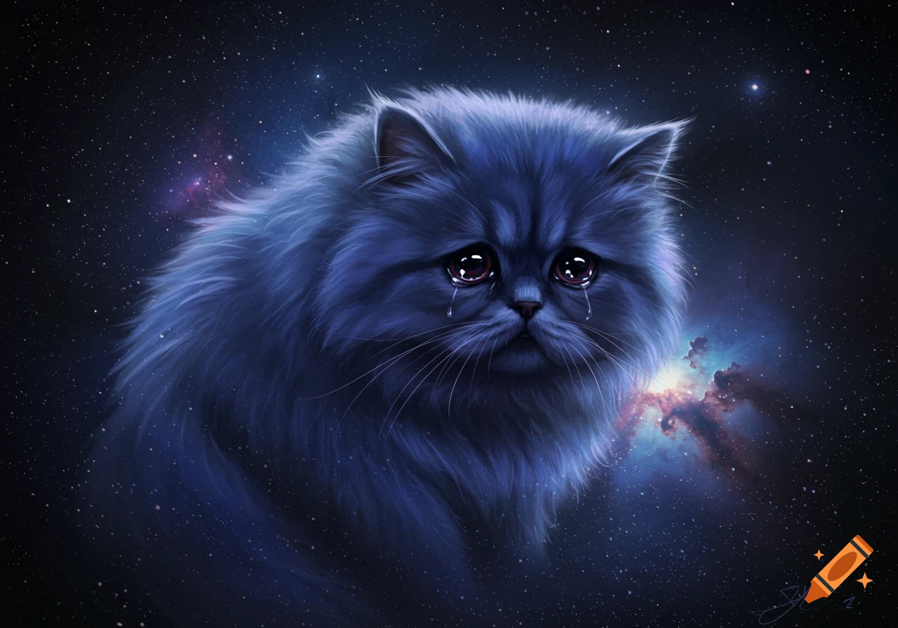 Illustration of a sad, fluffy grey cat floating in space with tears.