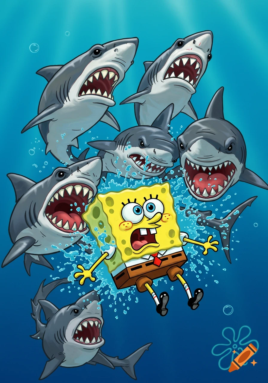 Cartoon Spongebob Squarepants is surrounded by sharks with open jaws underwater.
