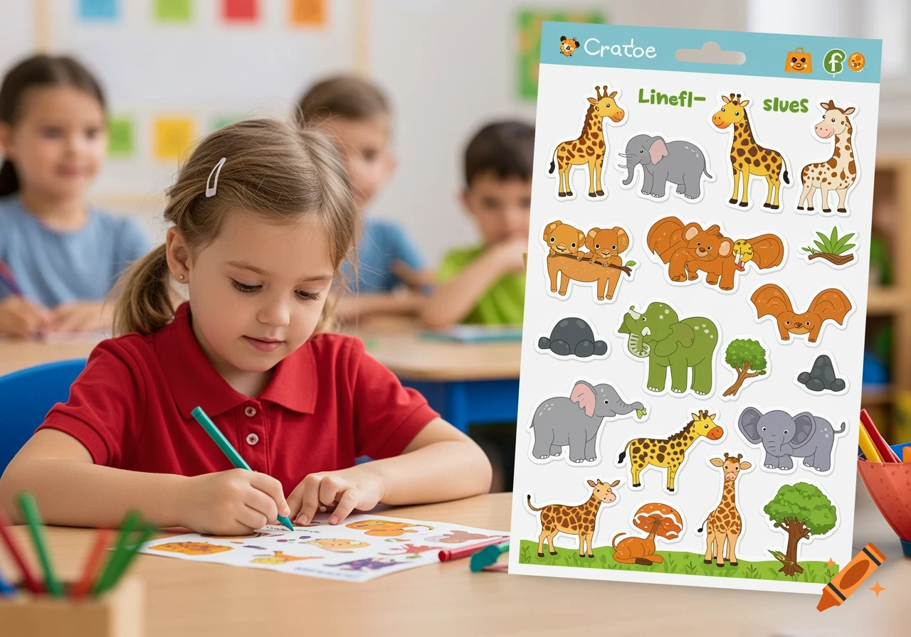 A child writes at a desk in a classroom with a sticker sheet of cartoon animals in the foreground.