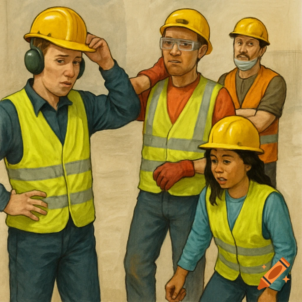 Illustration of four construction workers wearing hard hats and safety vests.