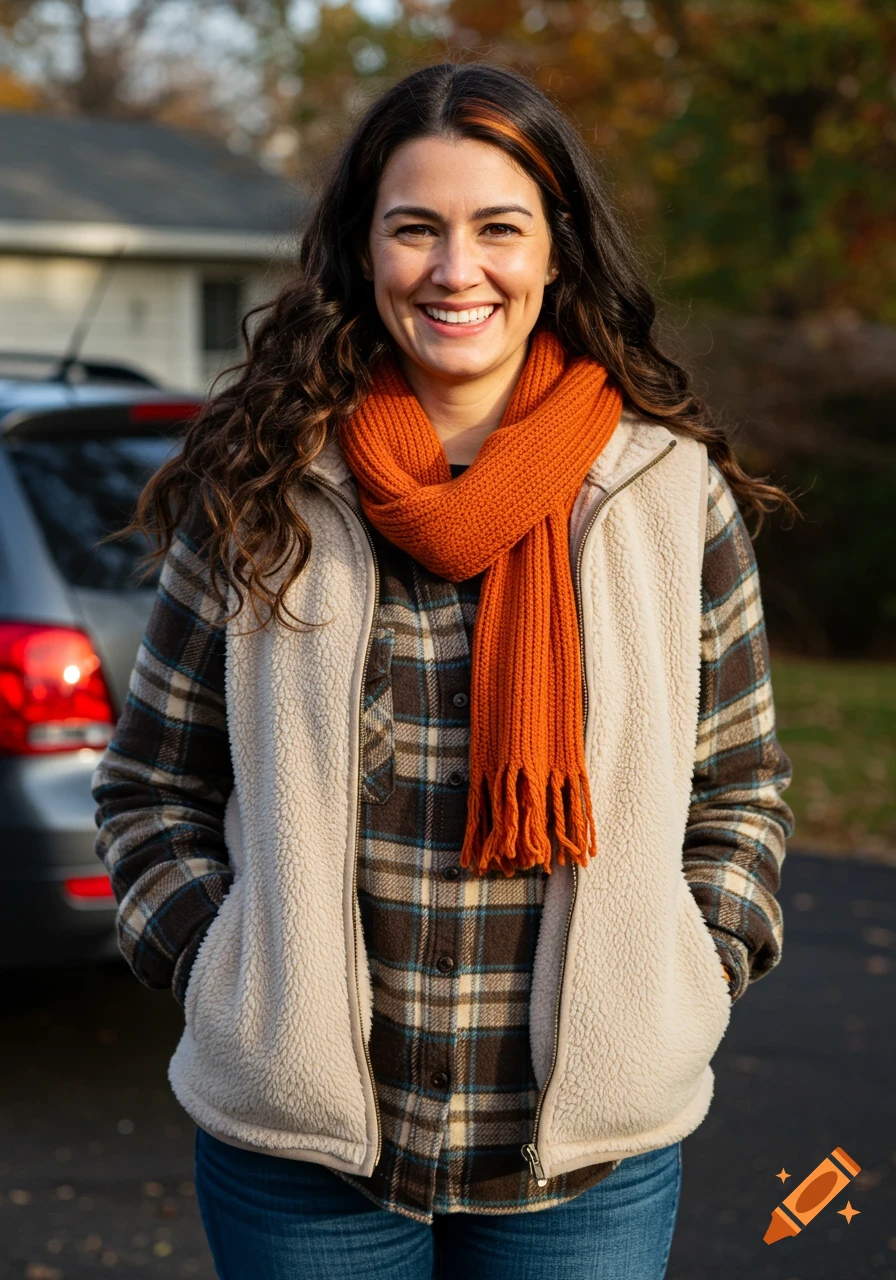 A woman wearing an orange scarf, flannel shirt, and fleece vest smiles outdoors near a car.