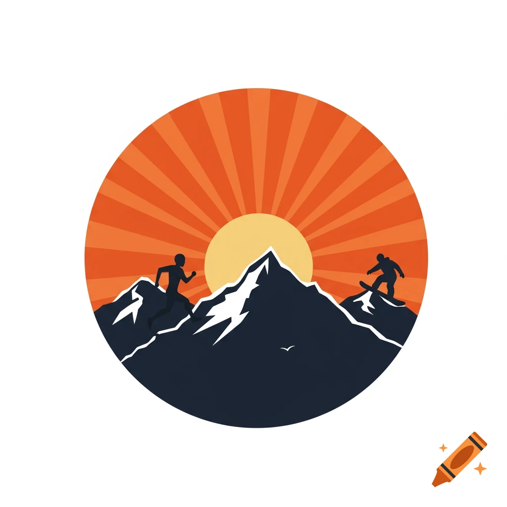 Illustration of mountains, sunrise, a runner ascending, and a snowboarder descending within a circle.