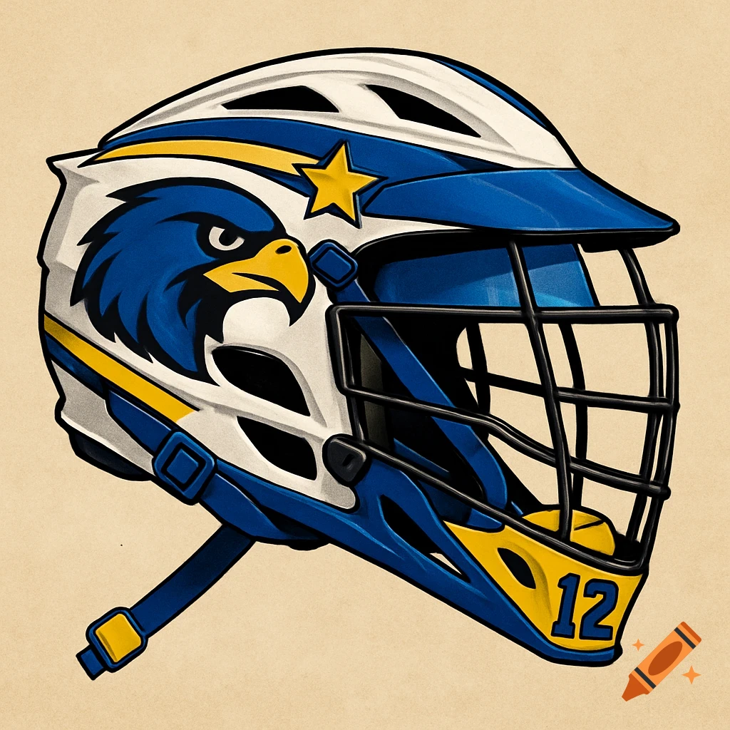 Lacrosse helmet with a blue and yellow bird logo and the number 12.