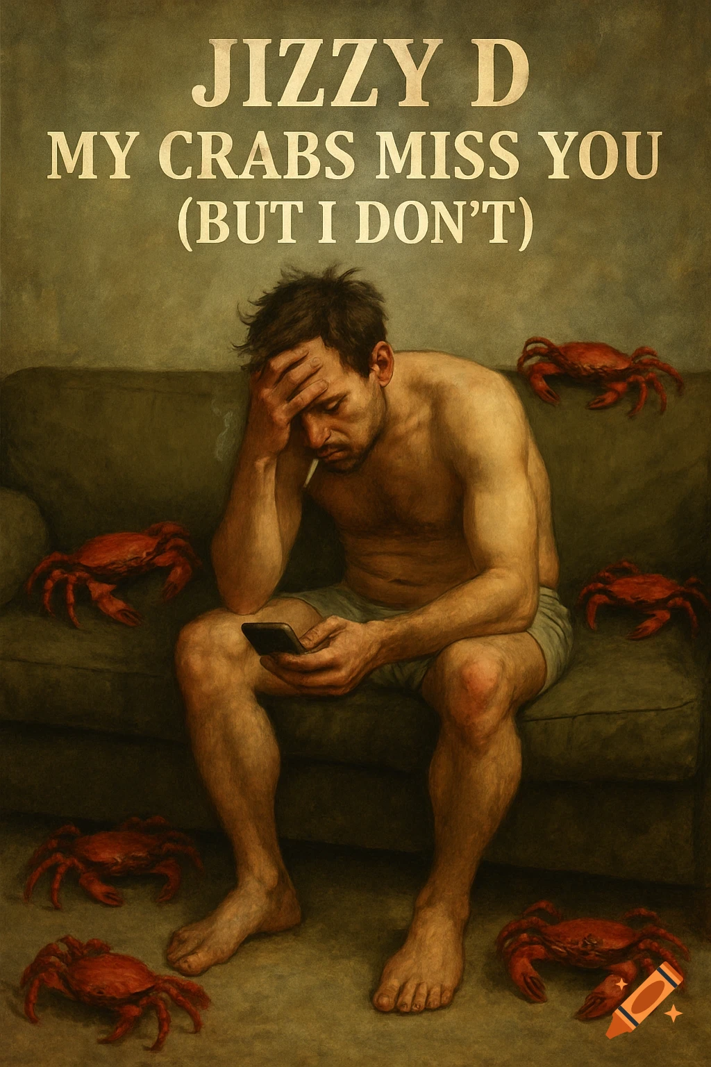 Painting of a sad man sitting on a sofa, looking at his phone, surrounded by crabs. Text above reads 'Jizzy D My Crabs Miss You (But I Don't)'.