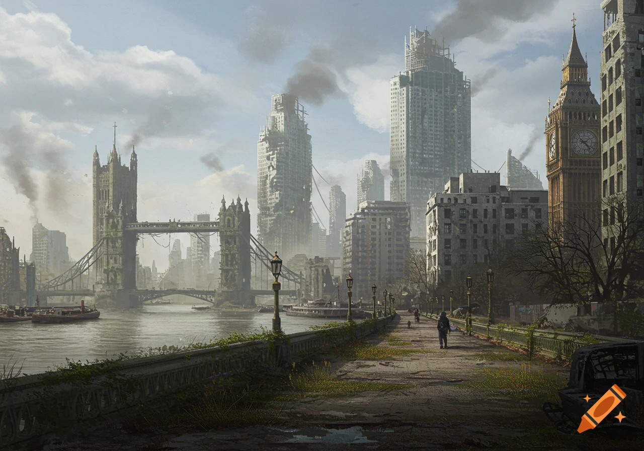 Ruined London cityscape after a war with overgrown Tower Bridge and Big Ben under a cloudy sky.