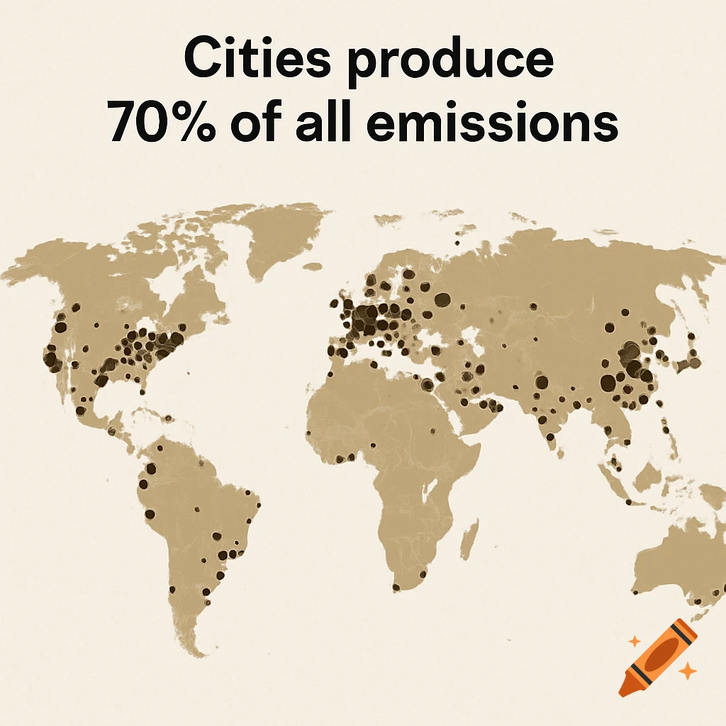 A world map showing cities as dots, with text reading 'Cities produce 70% of all emissions'.