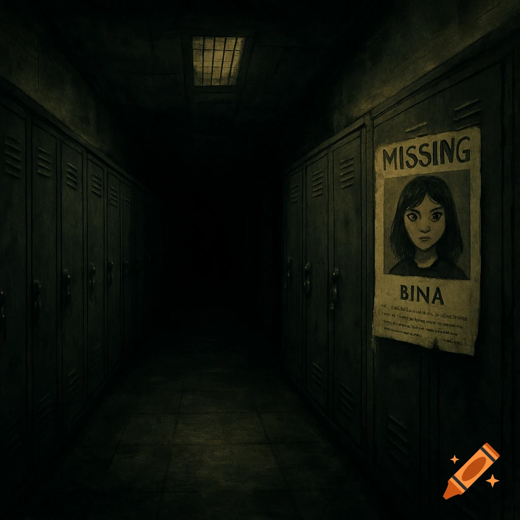 An eerie, dark hallway lined with lockers. A missing poster of a young girl named Bina is taped to one of the lockers.