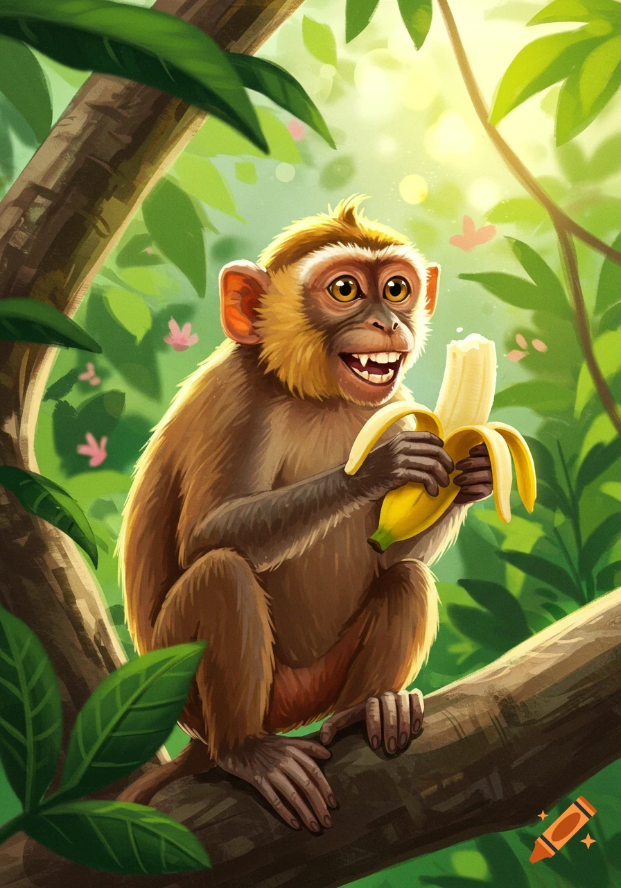 Cartoon monkey sitting on a branch eating a banana in a jungle.