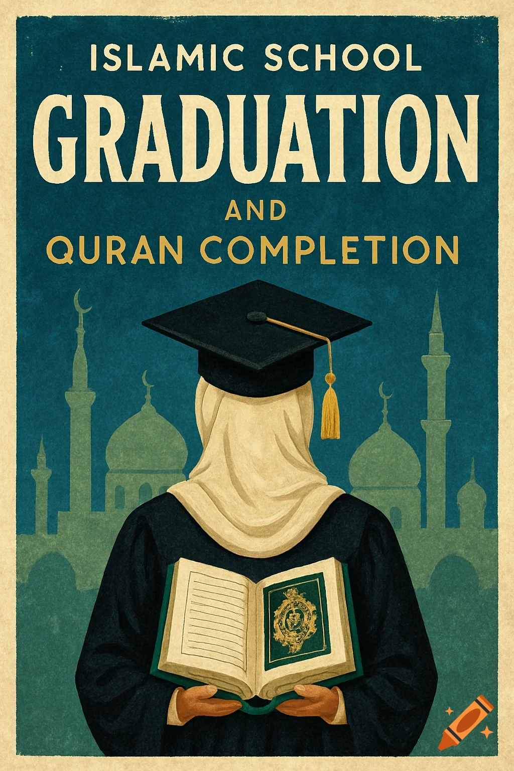 Vintage style poster for Islamic school graduation showing graduate holding Quran with mosque background.