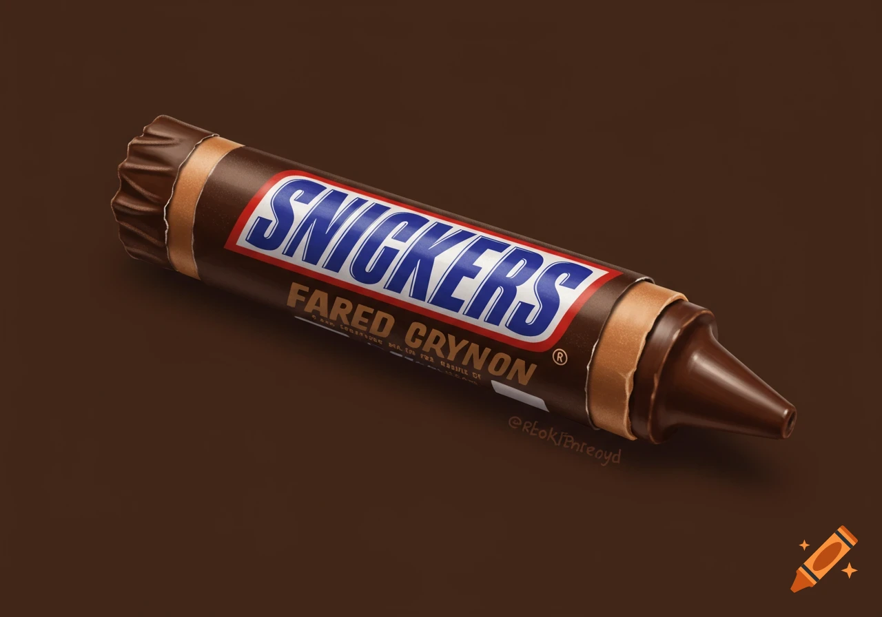 A close-up rendering of a crayon designed to look like a Snickers bar.