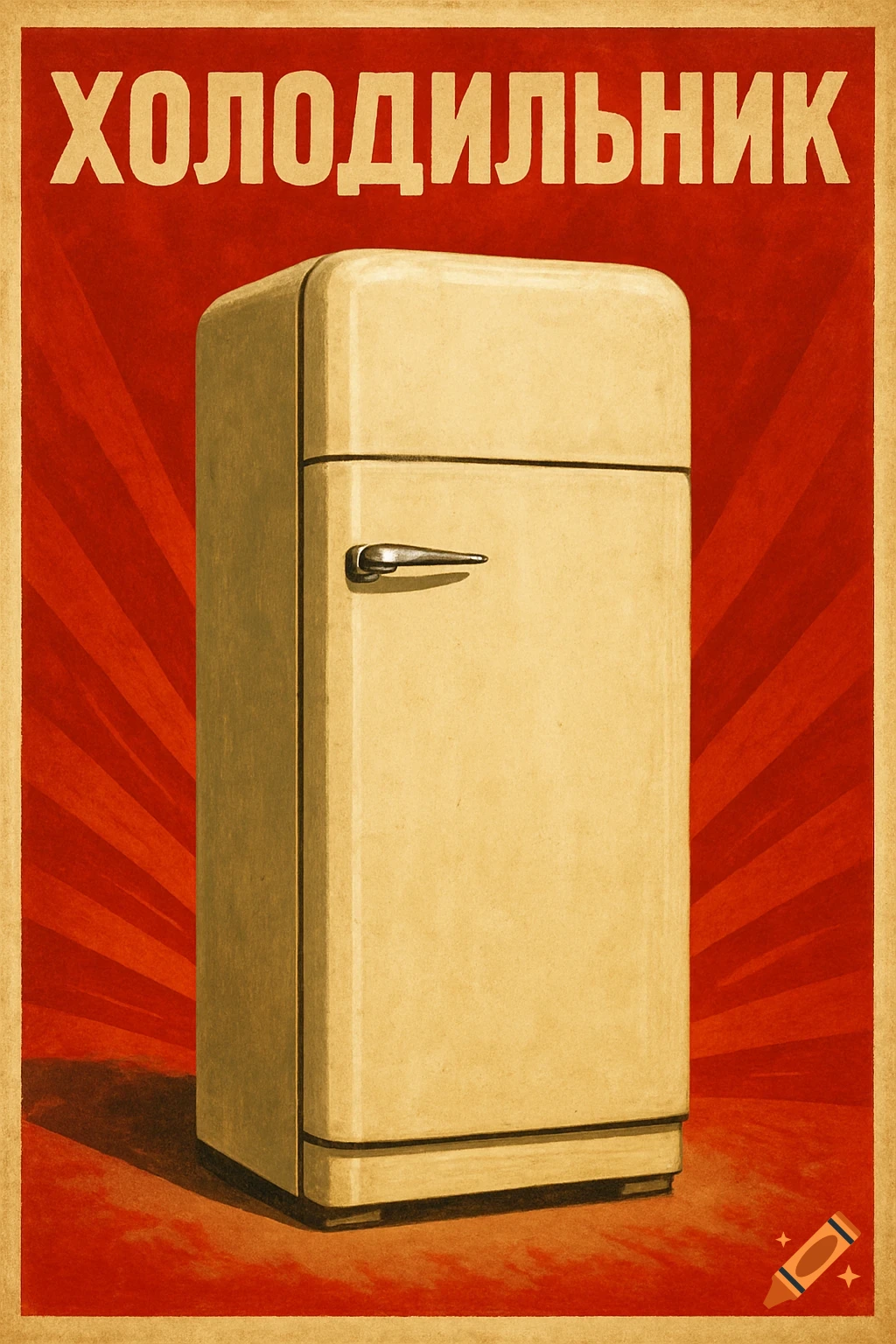 Vintage style poster of a refrigerator with Cyrillic text at the top.