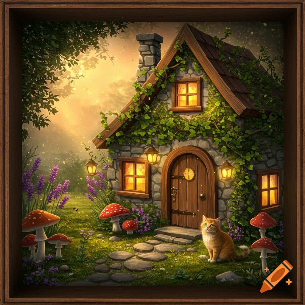 Cozy fairy cottage with a cat, mushrooms, and flowers