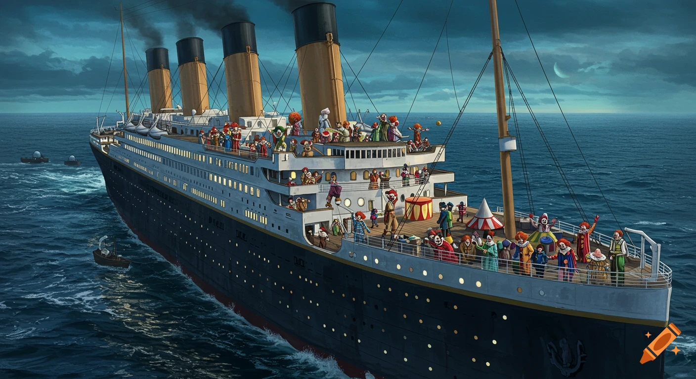 Illustration of the Titanic ship sailing on the ocean with many clowns on the decks.