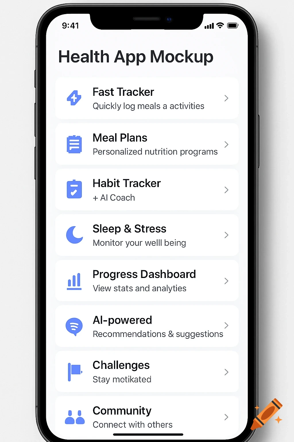 A mobile phone displays a mockup of a health app interface with a list of features.
