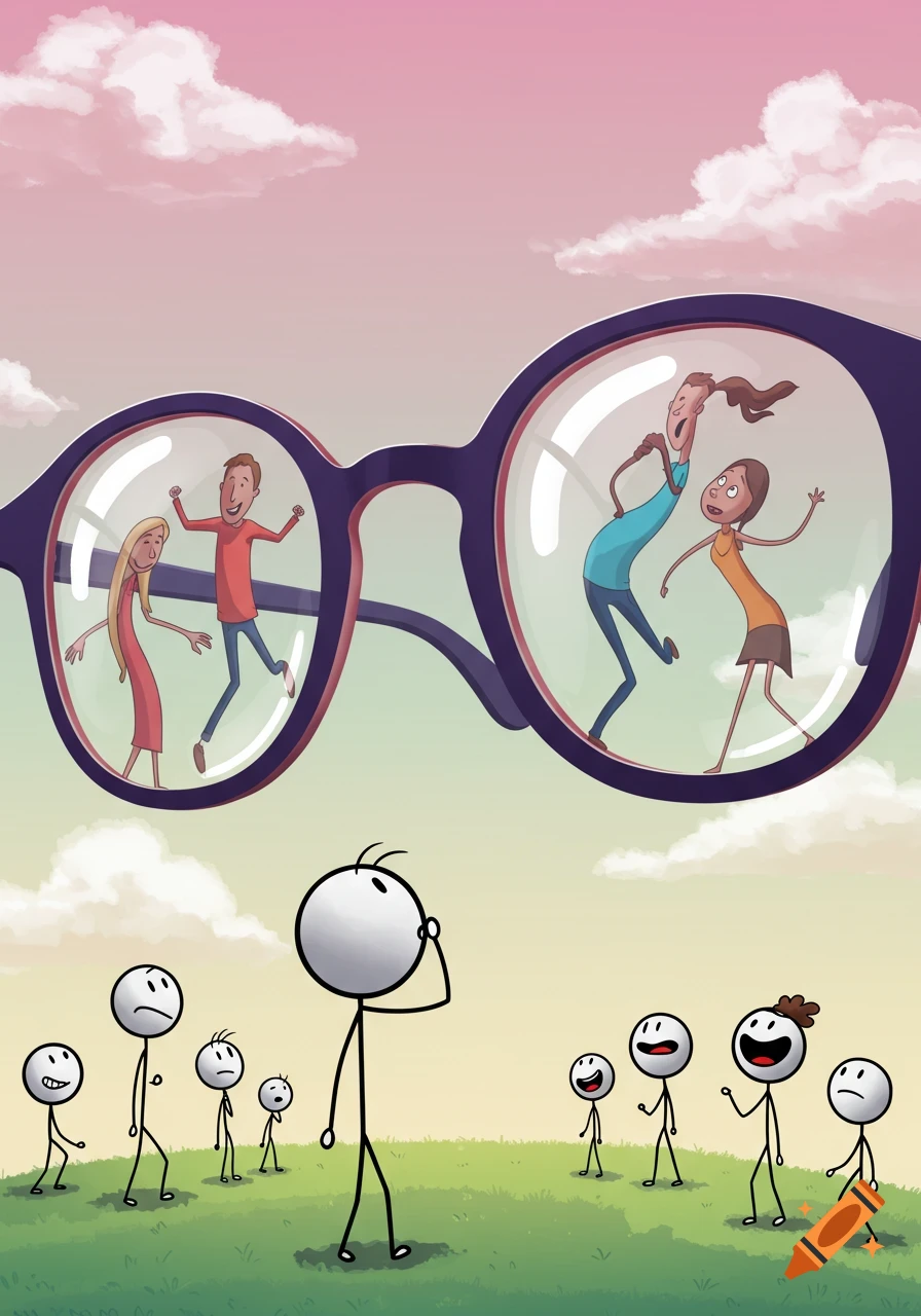 Stick figures on a hill look up at giant glasses showing distorted figures inside.