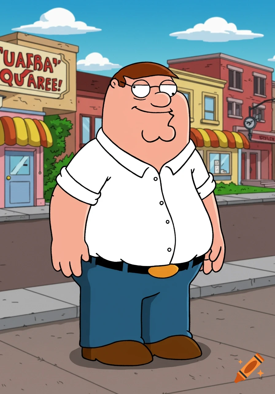 Cartoon drawing of Peter Griffin standing on a sidewalk in front of buildings.